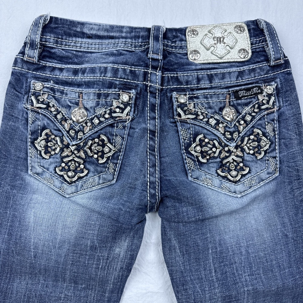 Miss Me Crop GIRLS 10x18 Jeans Cross Flap Blue Rhinestone EMBELISHED